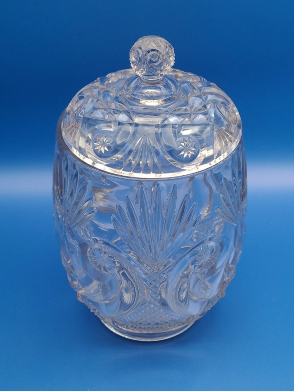 Antique EAPG Crystal Glass Crescent Fan Biscuit Jar Manganese Glow 9.5" - Picture 5 of 11